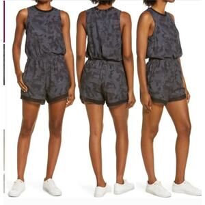NWT Zella All Day Getaway Blouson Romper Gray Depths Say My Name Camo, Sz L